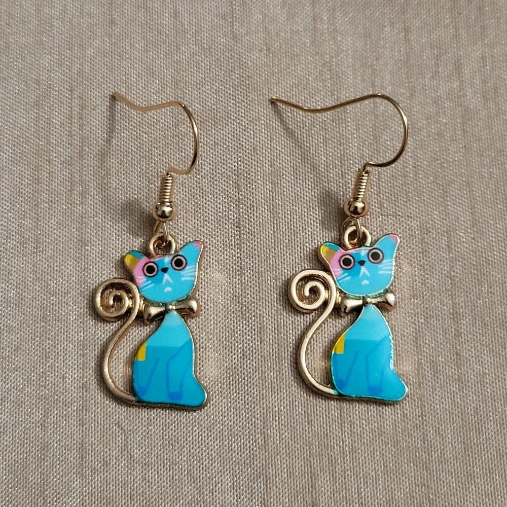 Artsy blue cat hook earrings